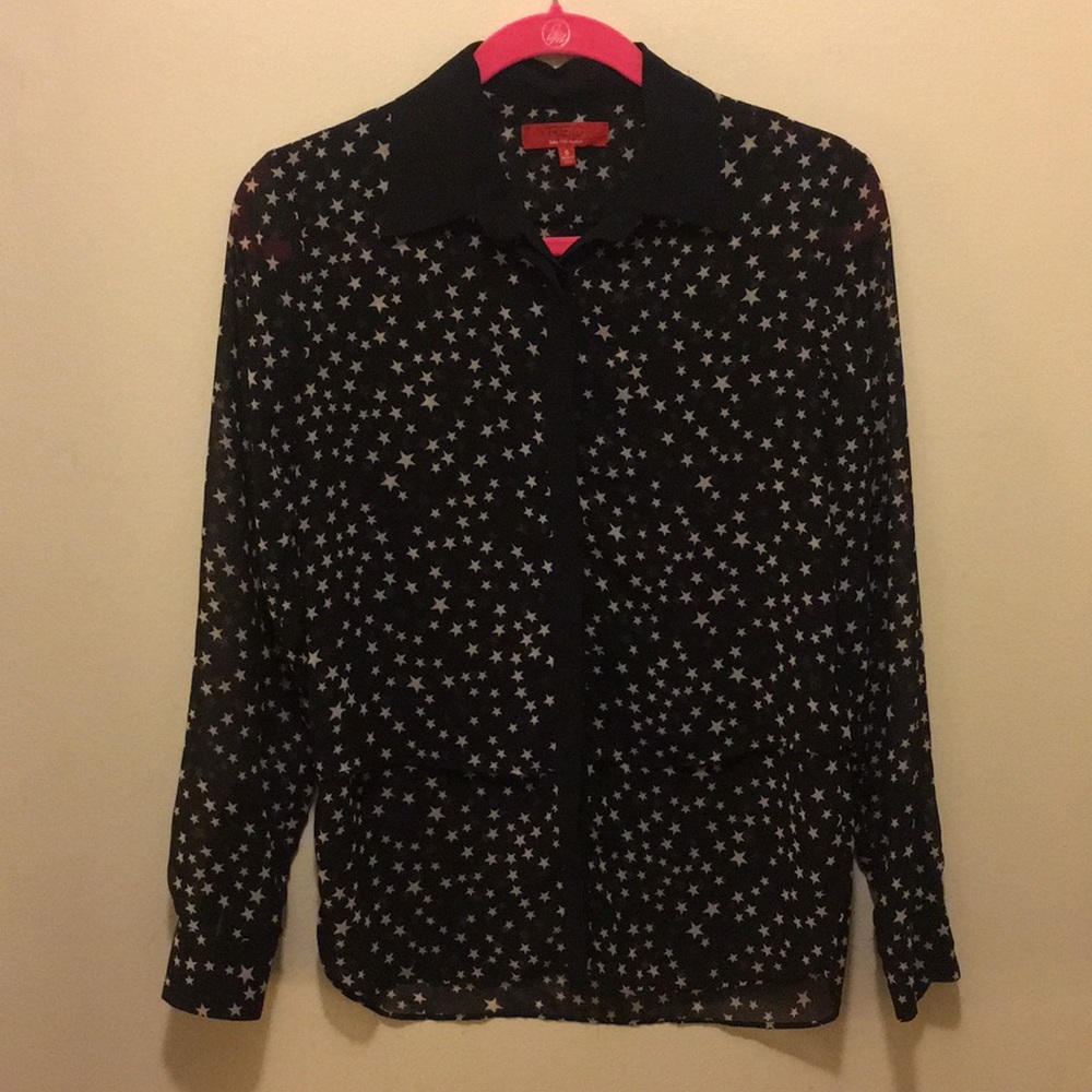 Black and white star print sheer button up blouse
